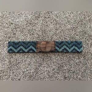 Beaded Aztec Pattern Stretch Belt with Wooden Clasp